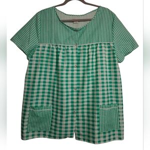 NWOT WOMEN'S GREEN & WHITE GINGHAM SNAP-FRONT HOUSE COAT TOP SIZE XL 💚